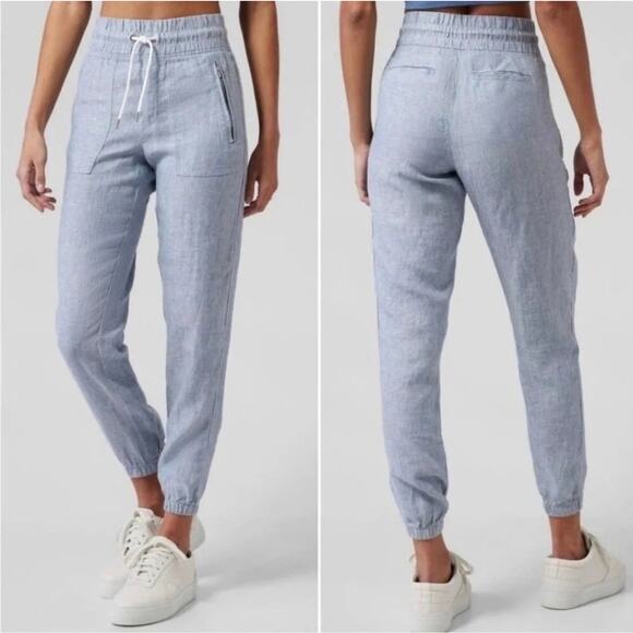 Athleta Cabo Linen Chambray‎ Denim Jogger Pant Stretch Drawstring Waist Sz 12 - Picture 1 of 16